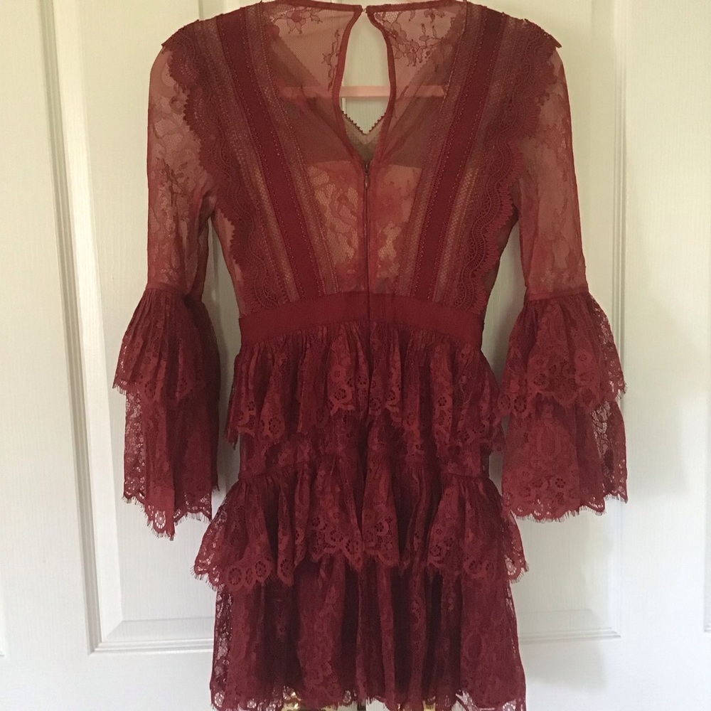 Self-Portrait Burgundy Lace Mini Dress XS - Picture 6 of 8